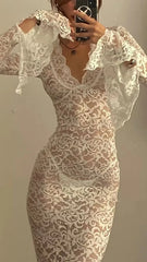 Elegant Lace See Through V-neck Maxi Sexy Dress,White Prom Dress Y4608