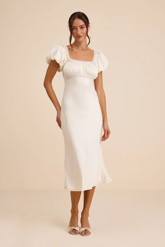 Catherine Ivory Satin Puff Sleeve Slip Midi Dress