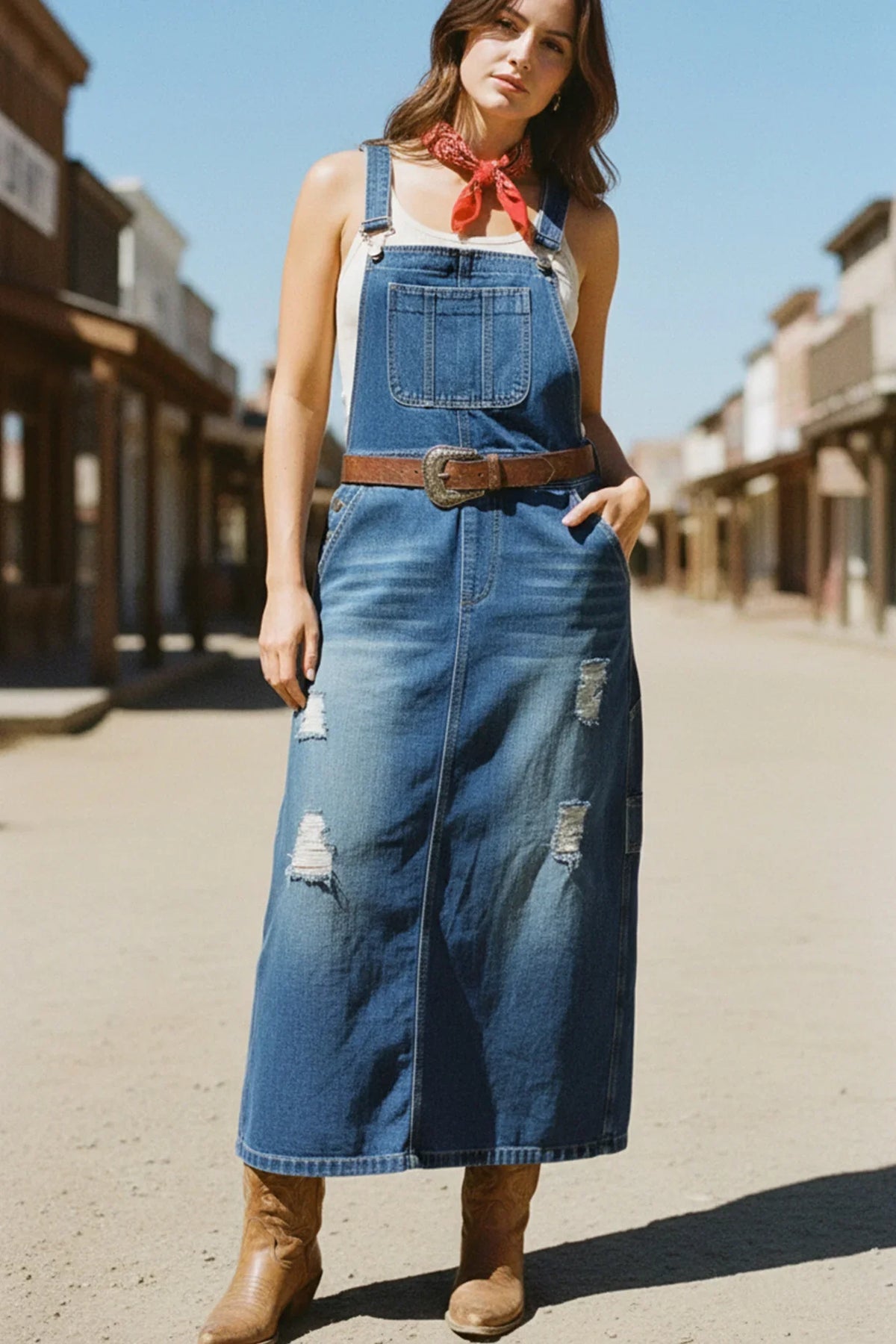 Distress Denim Overall Dress