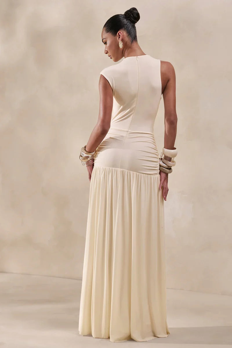 Cream High-Neck Maxi Dress Gathered-Detailing